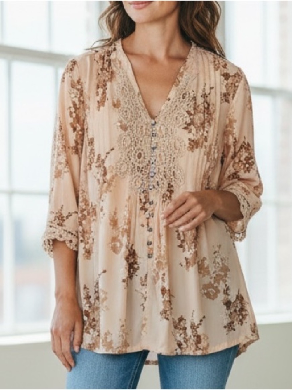 NWOT Roamans Sz 26W Juliet Lace Trim Khaki Floral Button Down Blouse Romantic